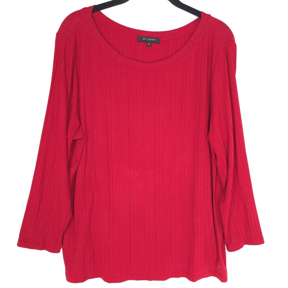 ST. JOHN Red Rib Knit Top Blouse Women XL Stretch Long Sleeve Designer PORTUGAL